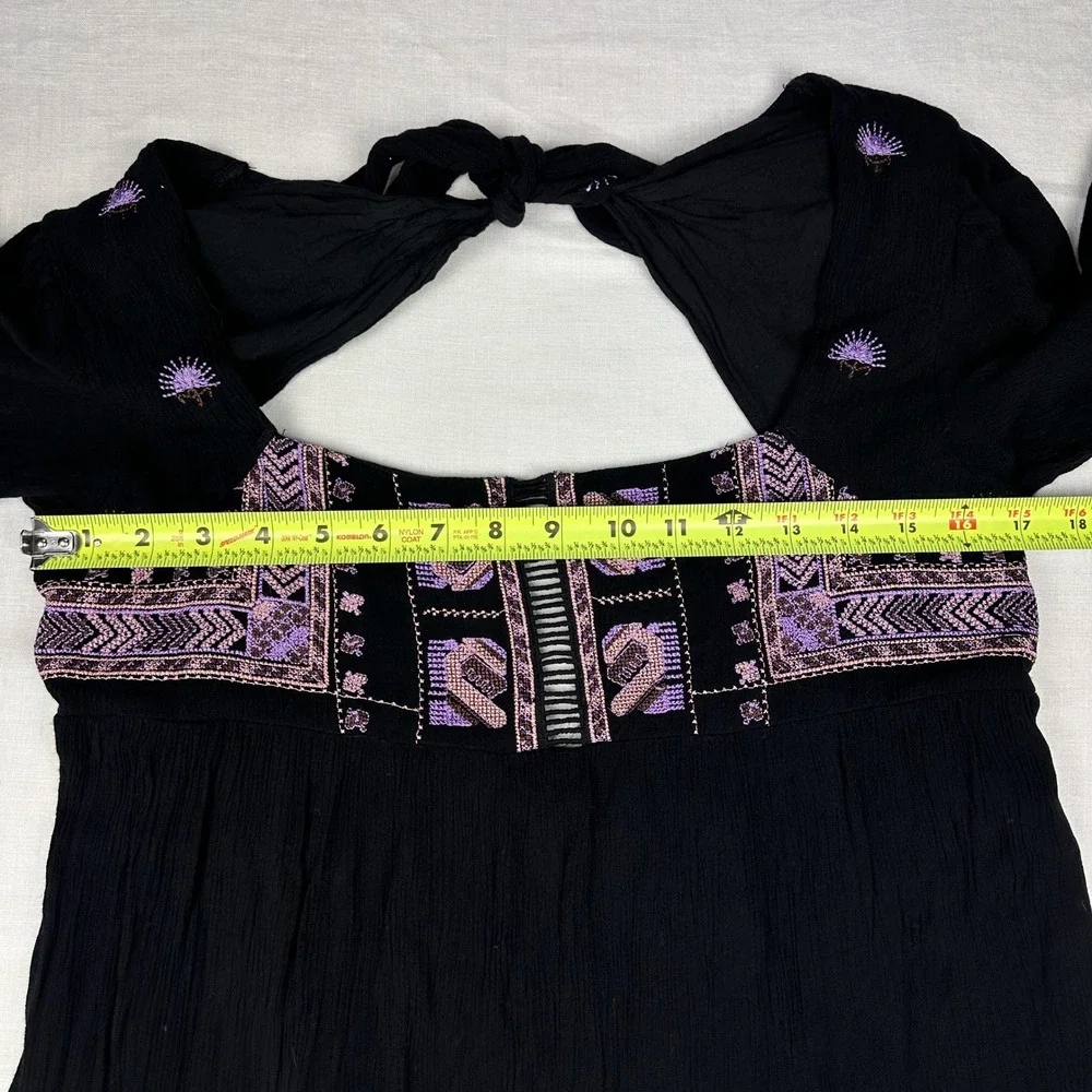 Free People‎ Black Embroidered Mini Dress Small Long Sleeve Open Back Boho